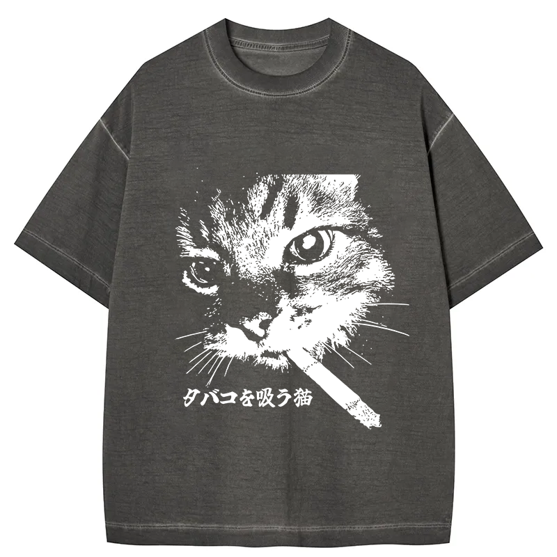 Retro Cat Smoking Gradient Washed T-Shirt