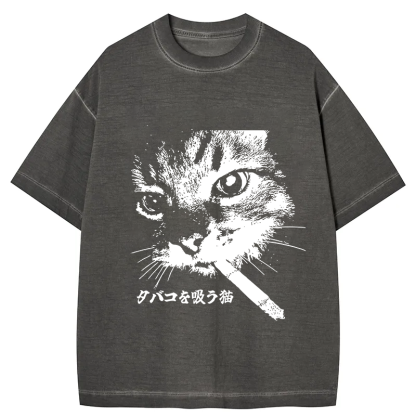 Retro Cat Smoking Gradient Washed T-Shirt
