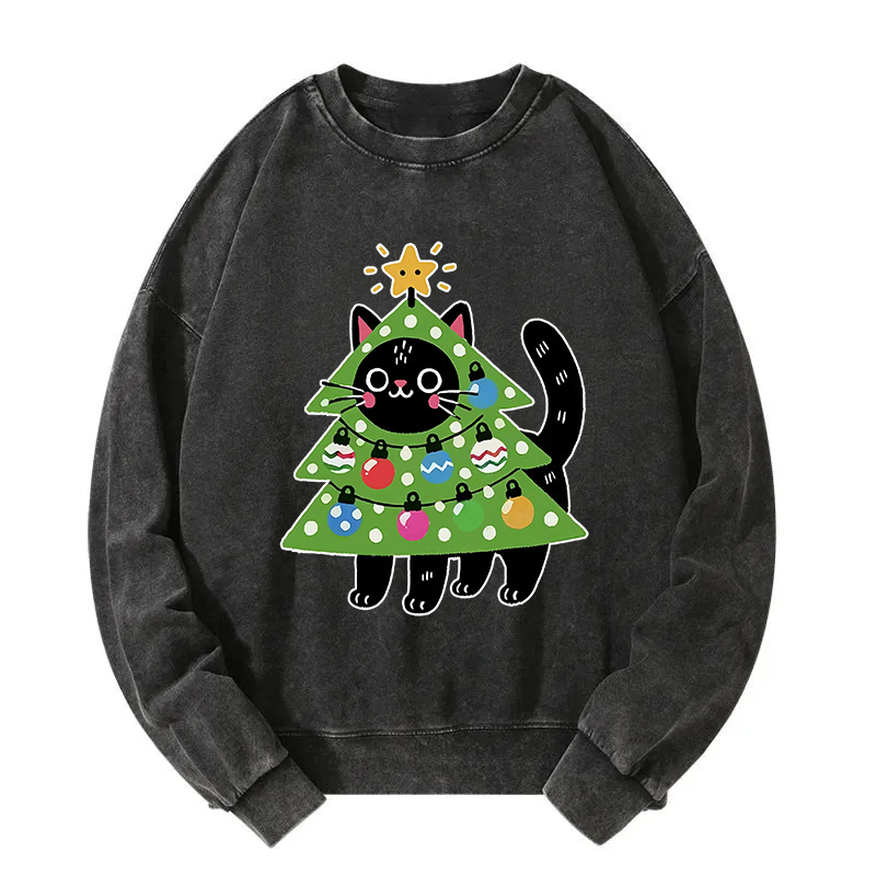 Christmas Tree Cat Washed Sweatshirt