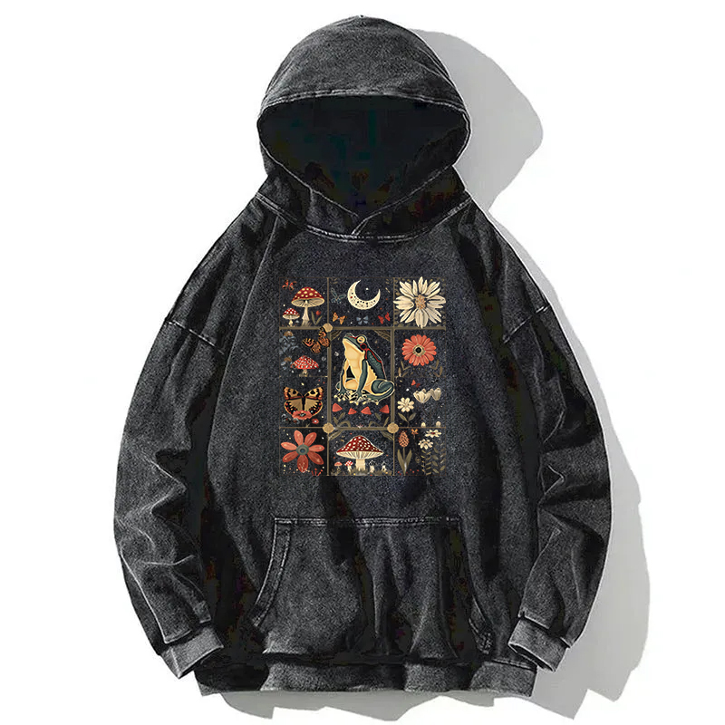 Celestial Frog Goblincore Mushroom Washed Hoodie