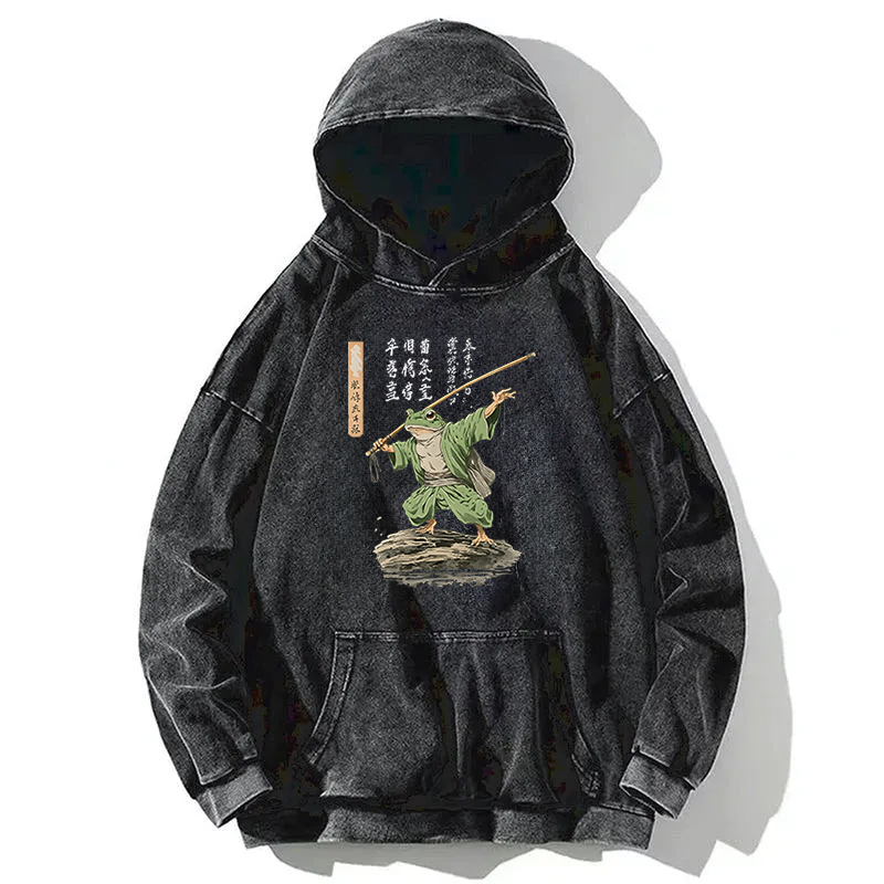 Frog Samurai Japanese Art Vintage Washed Hoodie