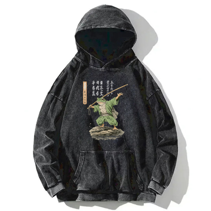 Frog Samurai Japanese Art Vintage Washed Hoodie