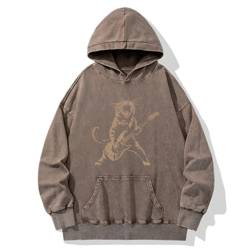 Rock Cat Playing Guitar Washed Hoodie