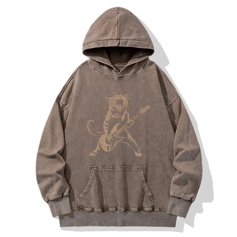 Rock Cat Playing Guitar Washed Hoodie