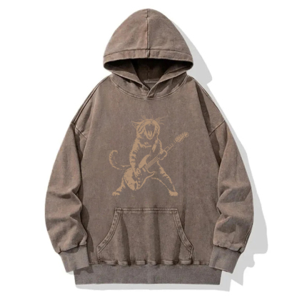 Rock Cat Playing Guitar Washed Hoodie