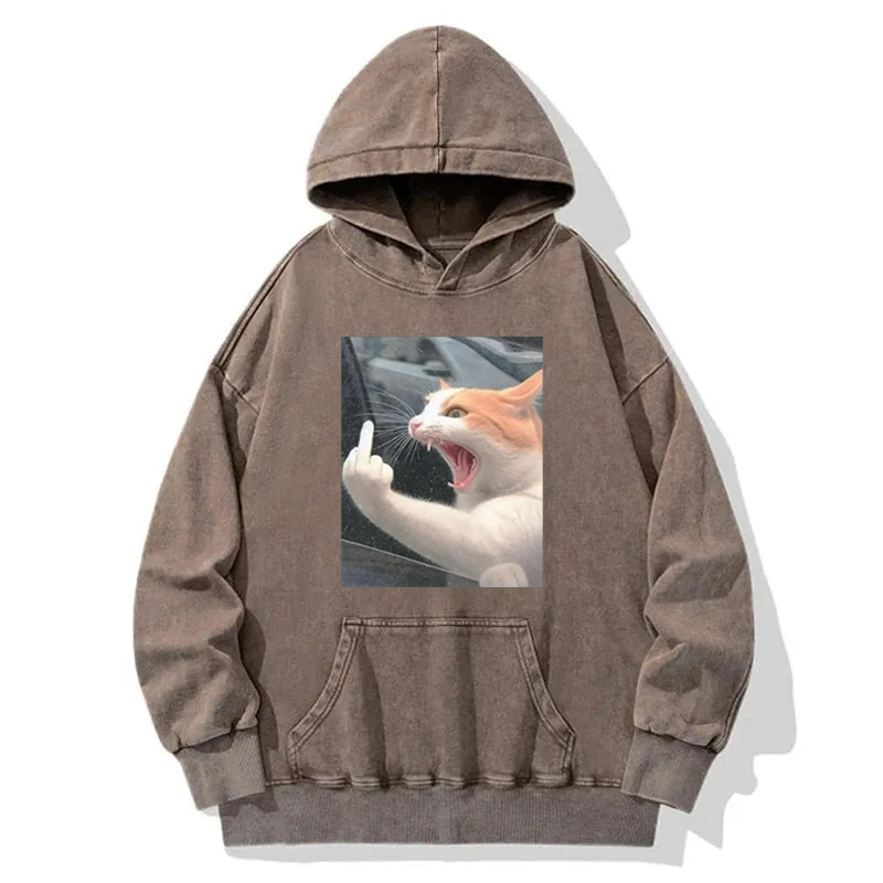 Funny Middle Finger Cat Meme Washed Hoodie