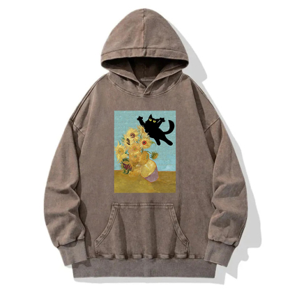 Cat Pushing Flowers Washed Hoodie