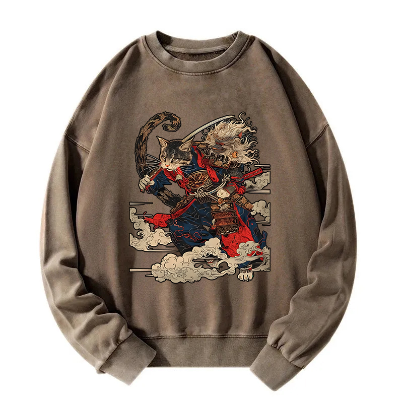 Samurai Cat In The Cloud Washed Sweatshirt