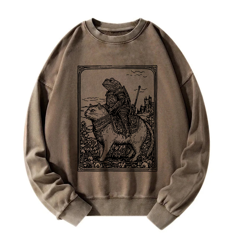Frog Knight Riding A Cat Washed Sweatshirt