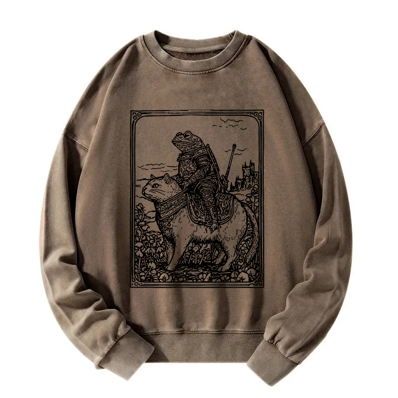 Frog Knight Riding A Cat Washed Sweatshirt