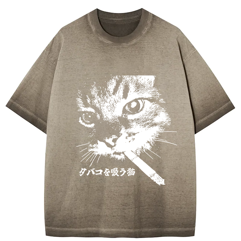 Retro Cat Smoking Gradient Washed T-Shirt