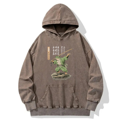 Frog Samurai Japanese Art Vintage Washed Hoodie