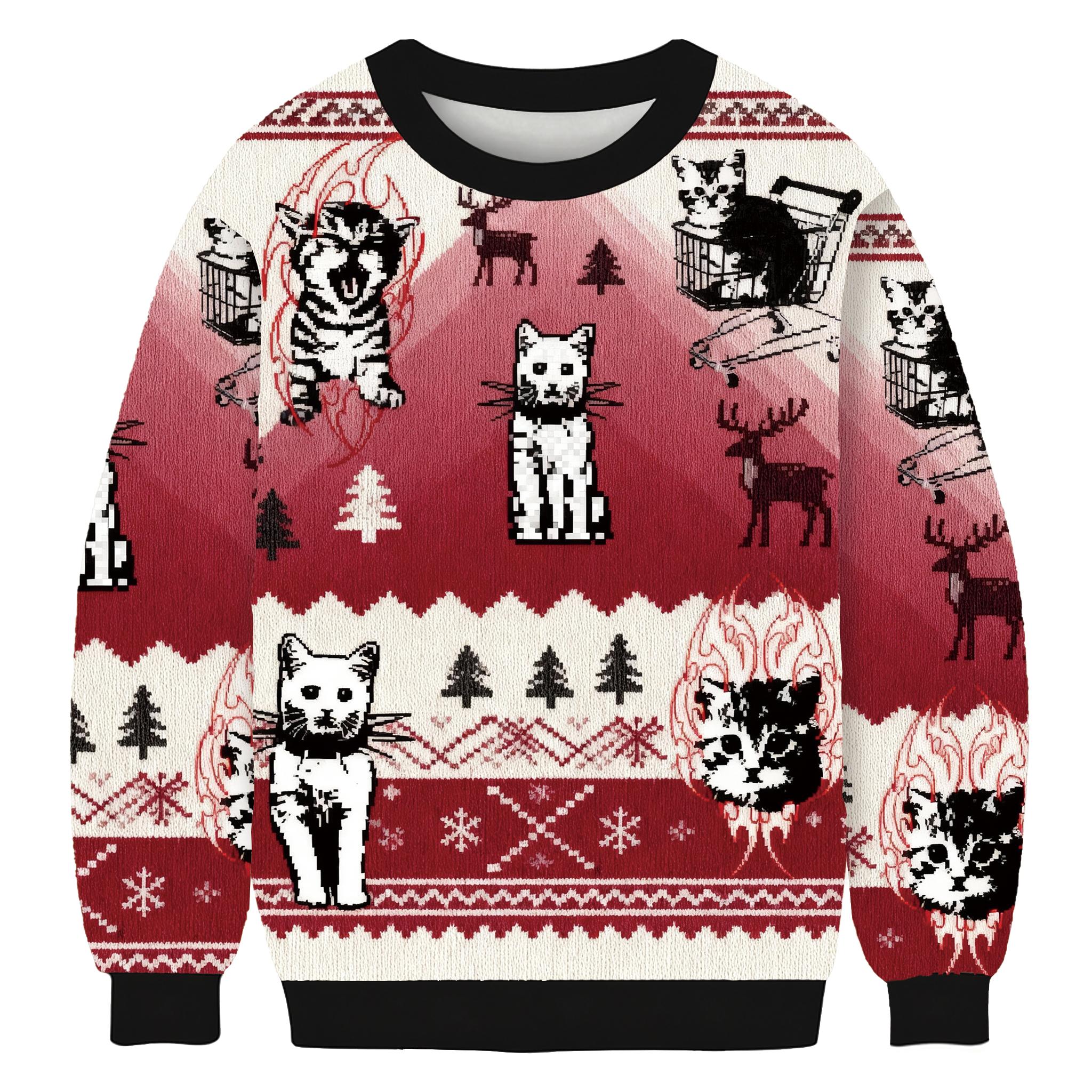 Funny Punk Kittens With Flame Designs And Shopping Cart Motif Christmas Ugly Sweatshirt