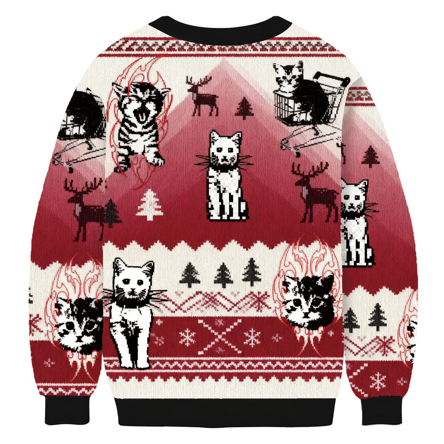 Funny Punk Kittens With Flame Designs And Shopping Cart Motif Christmas Ugly Sweatshirt