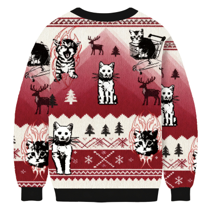 Funny Punk Kittens With Flame Designs And Shopping Cart Motif Christmas Ugly Sweatshirt