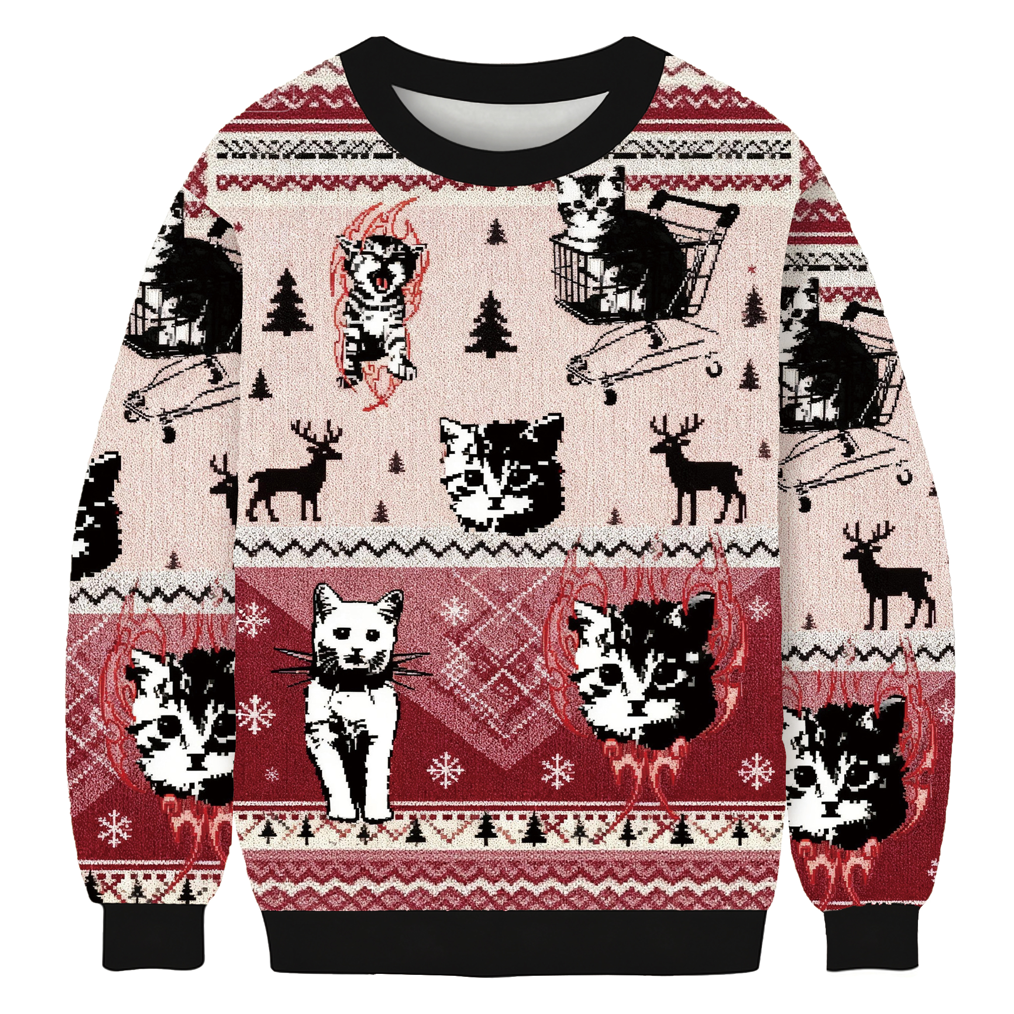 Funny Punk Kittens With Flame Designs And Shopping Cart Motif Ugly Sweatshirt