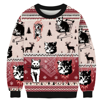 Funny Punk Kittens With Flame Designs And Shopping Cart Motif Ugly Sweatshirt