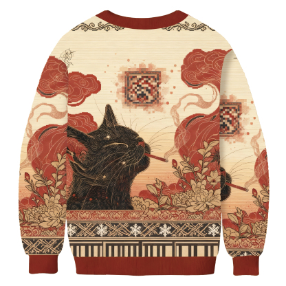 Cool Black Cat Smoking In Artistic Floral Scene Ugly Sweatshirt