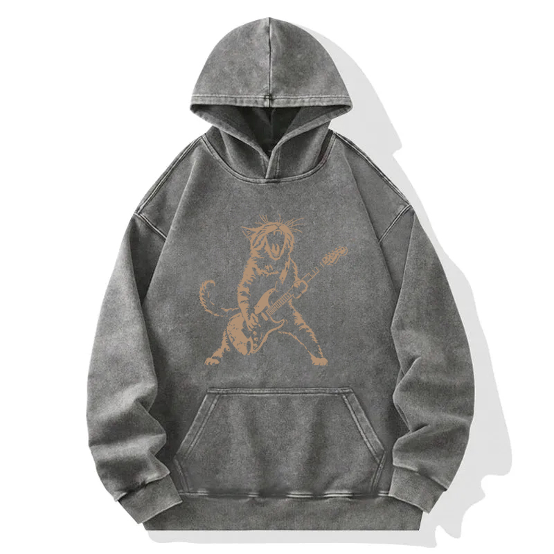 Rock Cat Playing Guitar Washed Hoodie