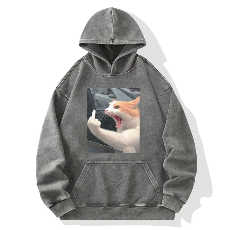 Funny Middle Finger Cat Meme Washed Hoodie