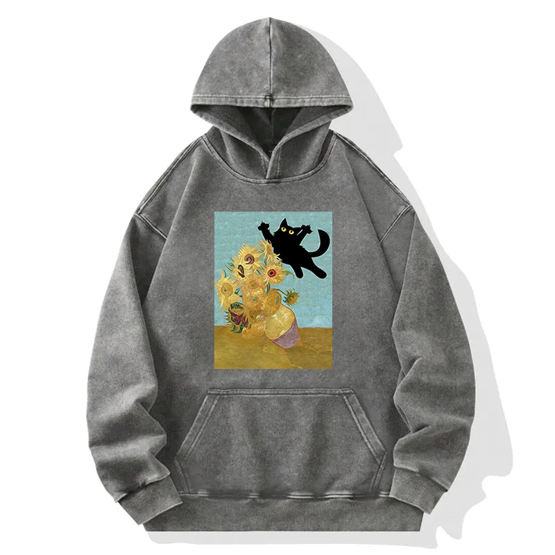 Cat Pushing Flowers Washed Hoodie