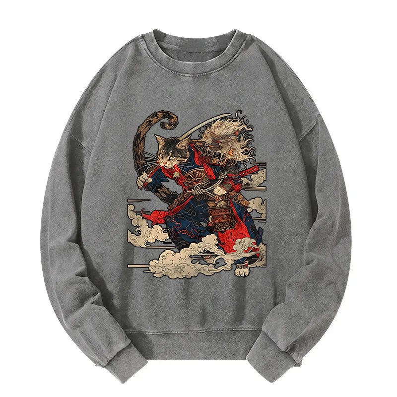 Samurai Cat In The Cloud Washed Sweatshirt