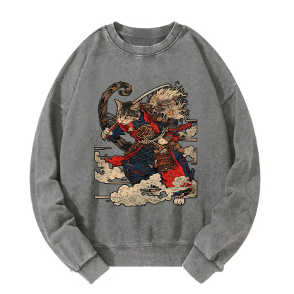 Samurai Cat In The Cloud Washed Sweatshirt