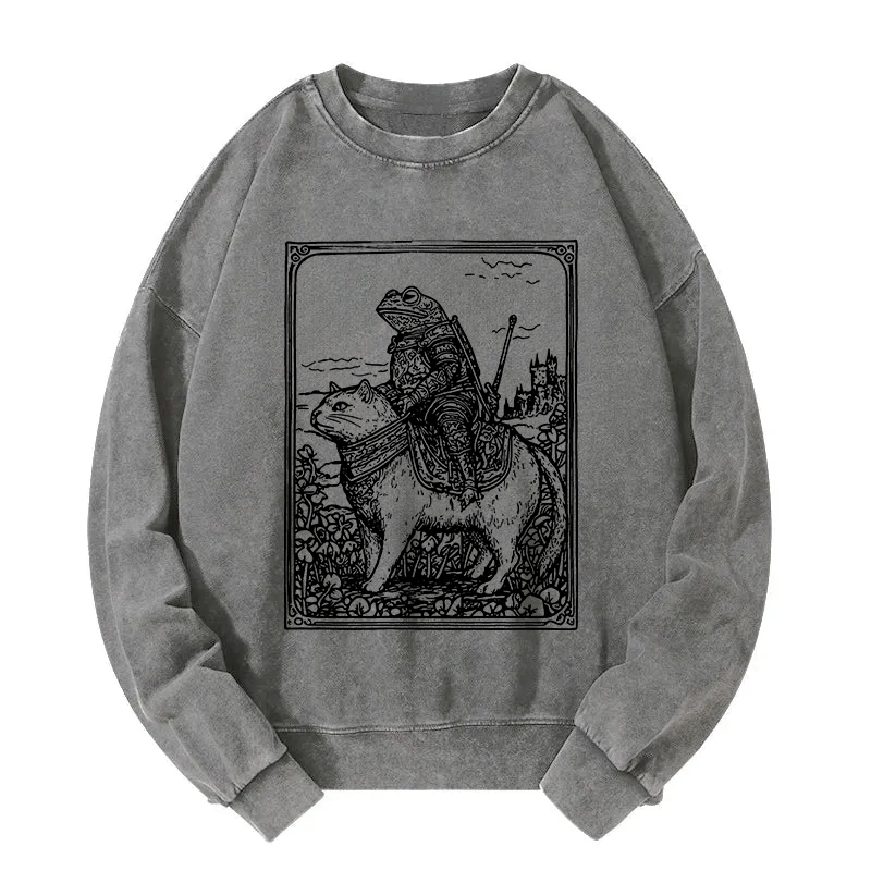 Frog Knight Riding A Cat Washed Sweatshirt
