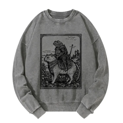 Frog Knight Riding A Cat Washed Sweatshirt
