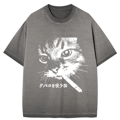 Retro Cat Smoking Gradient Washed T-Shirt