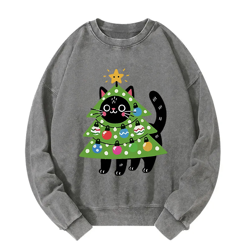 Christmas Tree Cat Washed Sweatshirt