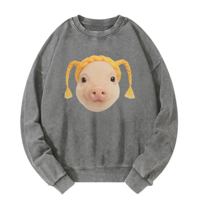 Cute Blonde Hair Pig Meme Washed Sweatshirt