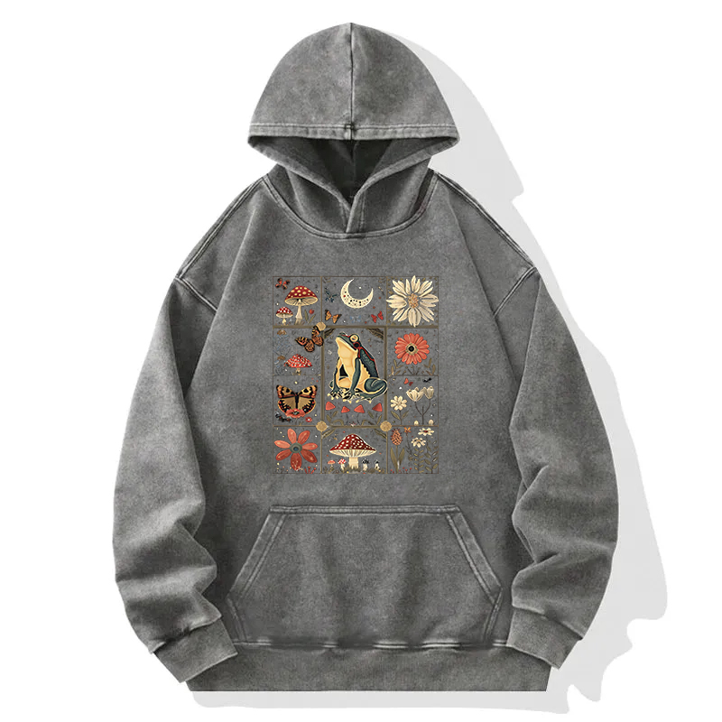 Celestial Frog Goblincore Mushroom Washed Hoodie