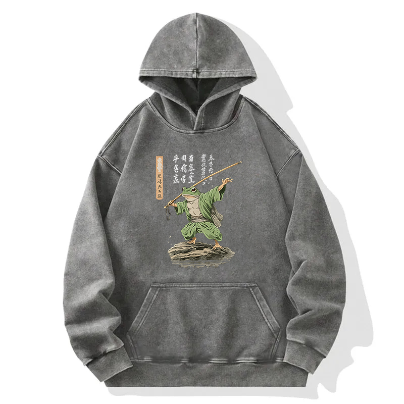 Frog Samurai Japanese Art Vintage Washed Hoodie