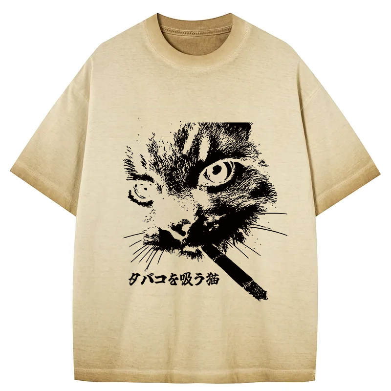 Retro Cat Smoking Gradient Washed T-Shirt