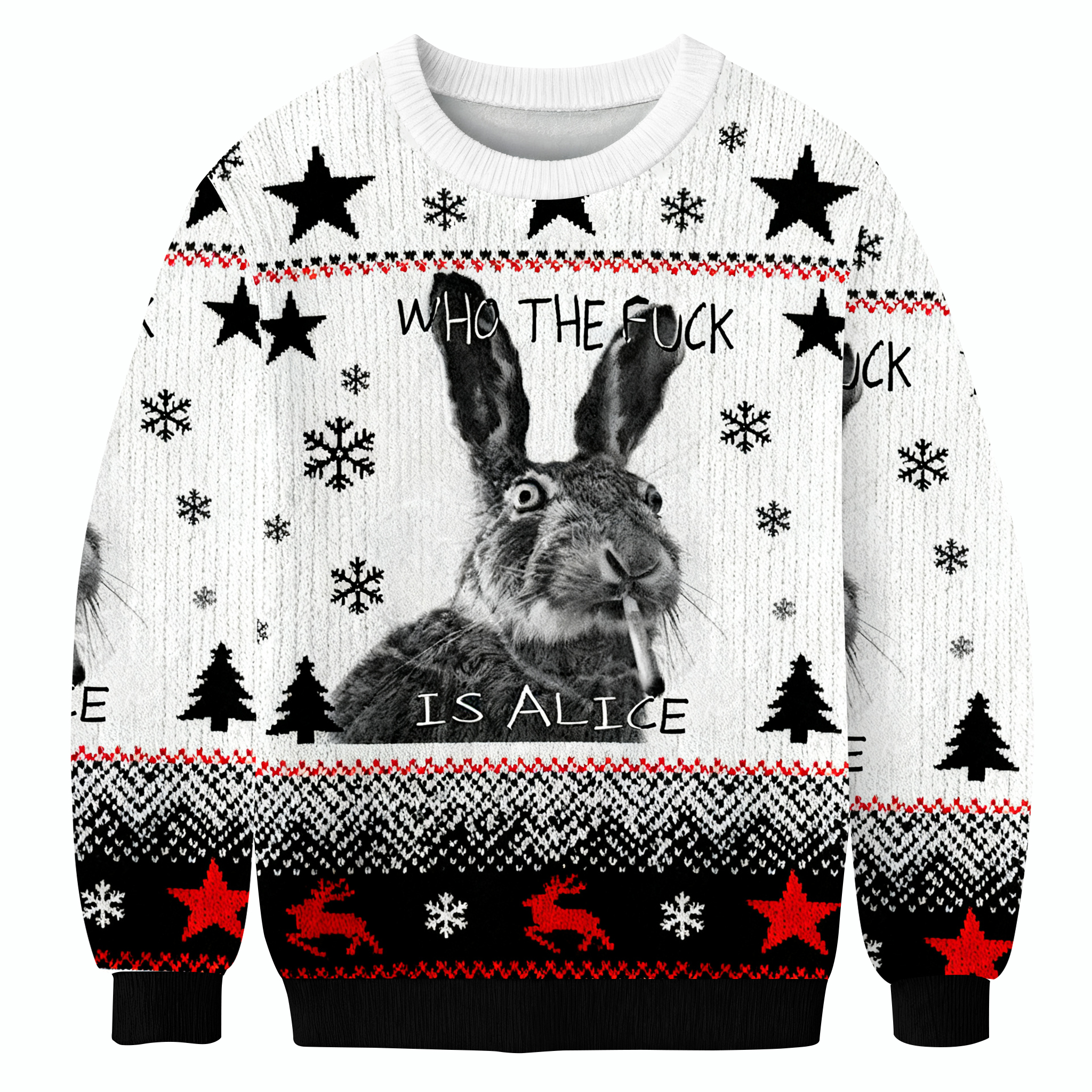 Who The Fuck Is Alice Funny Smoking Rabbit Meme Christmas Ugly Sweatshirt