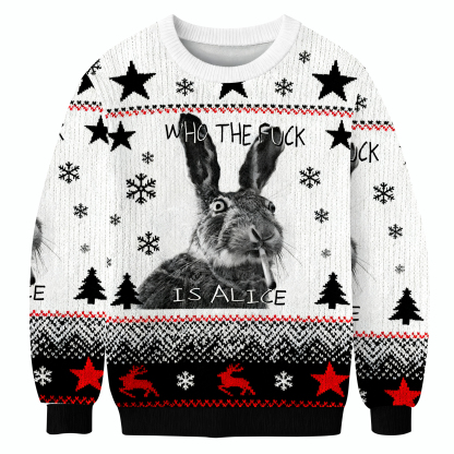 Who The Fuck Is Alice Funny Smoking Rabbit Meme Christmas Ugly Sweatshirt