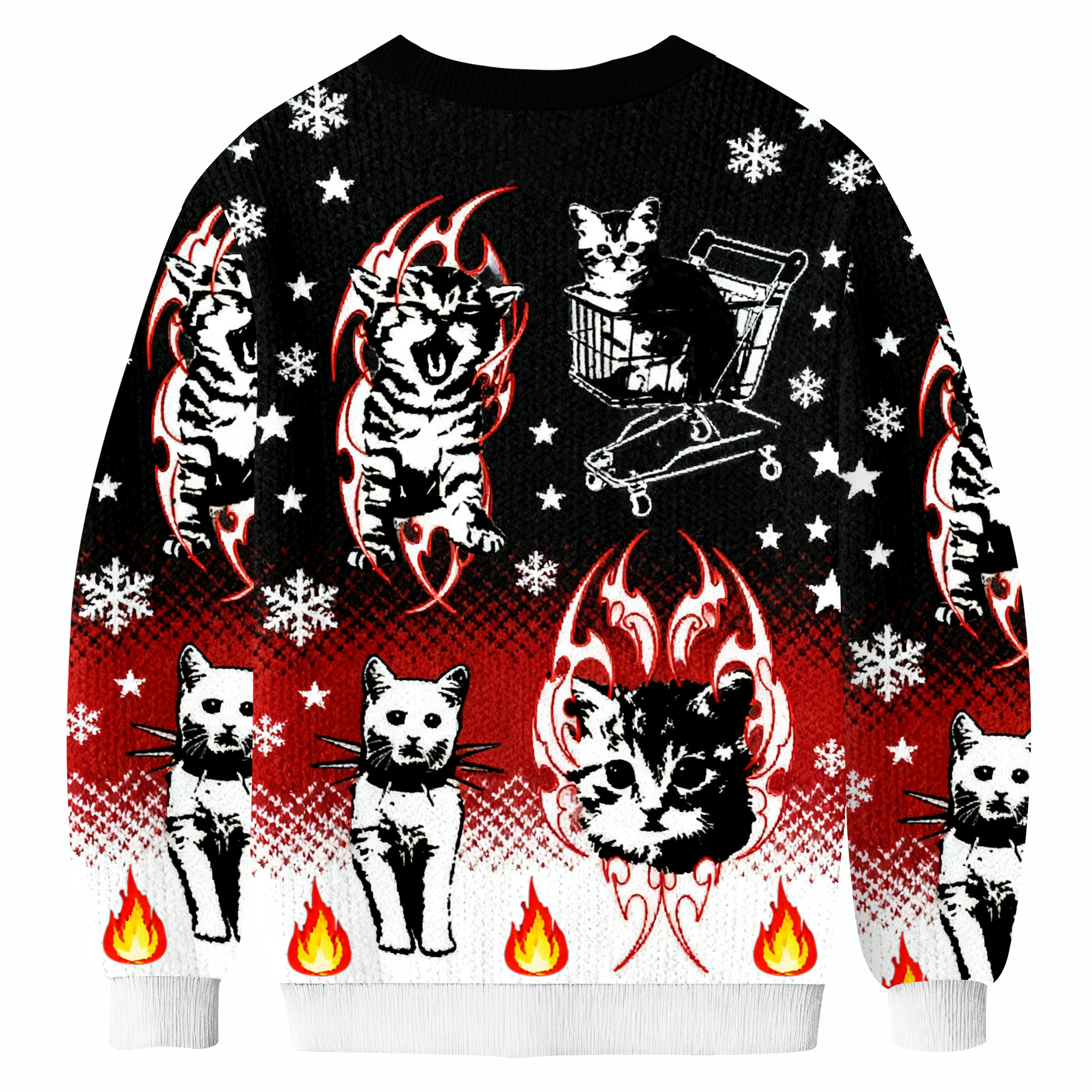 Funny Punk Kittens With Flame Designs And Shopping Cart Motif Ugly Sweatshirt