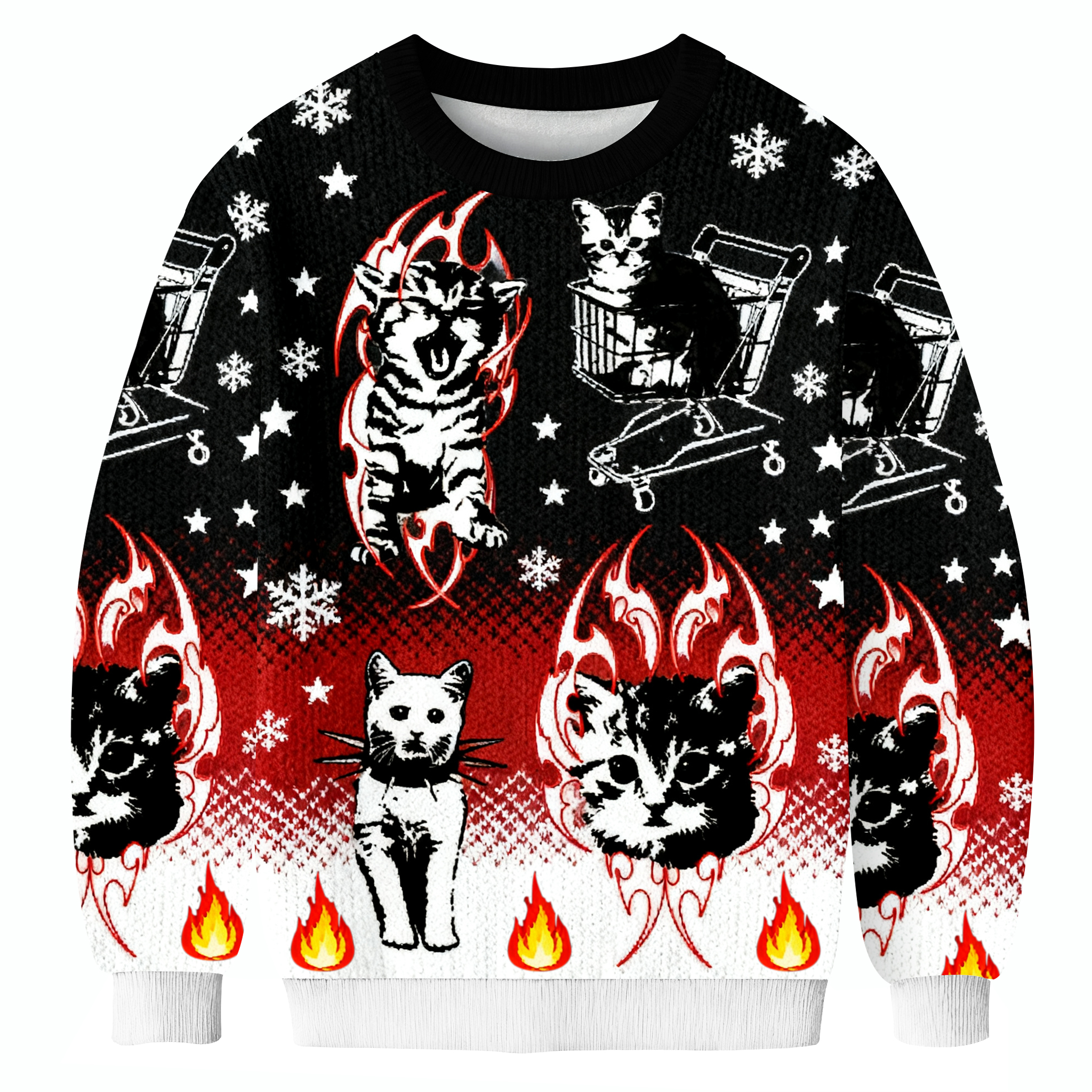 Funny Punk Kittens With Flame Designs And Shopping Cart Motif Ugly Sweatshirt