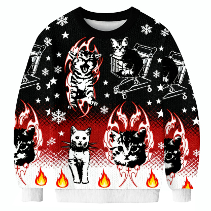Funny Punk Kittens With Flame Designs And Shopping Cart Motif Ugly Sweatshirt