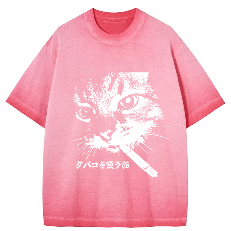 Retro Cat Smoking Gradient Washed T-Shirt