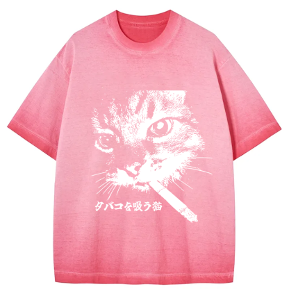 Retro Cat Smoking Gradient Washed T-Shirt