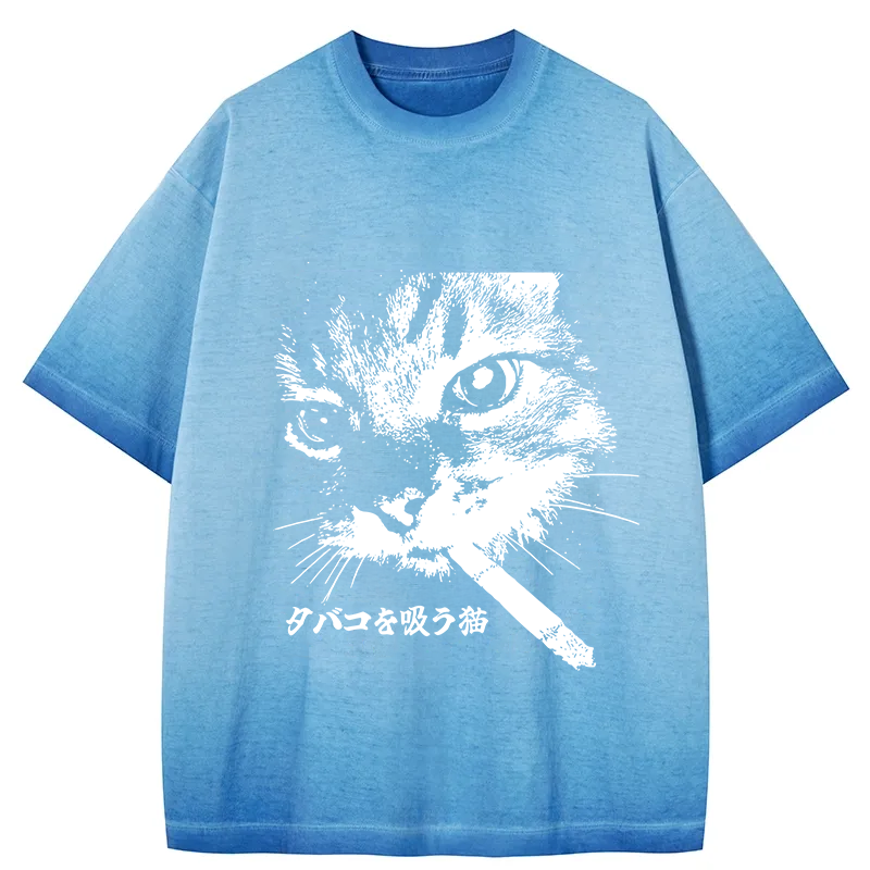 Retro Cat Smoking Gradient Washed T-Shirt