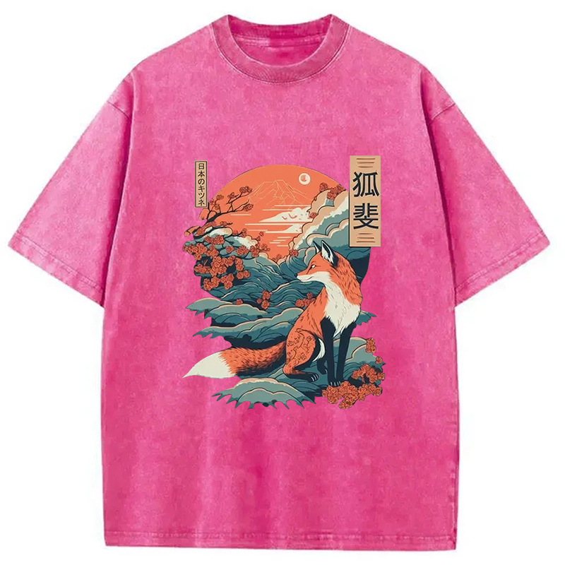 Japanese Kitsune Fox Sakura Washed T-Shirt