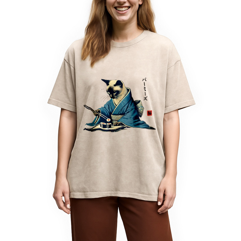 Cat In Kimono Eating Sushi Washed T-Shirt