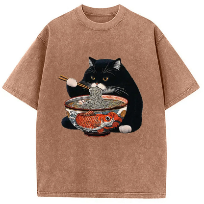 Fat Cat Eating Ramen Washed T-Shirt