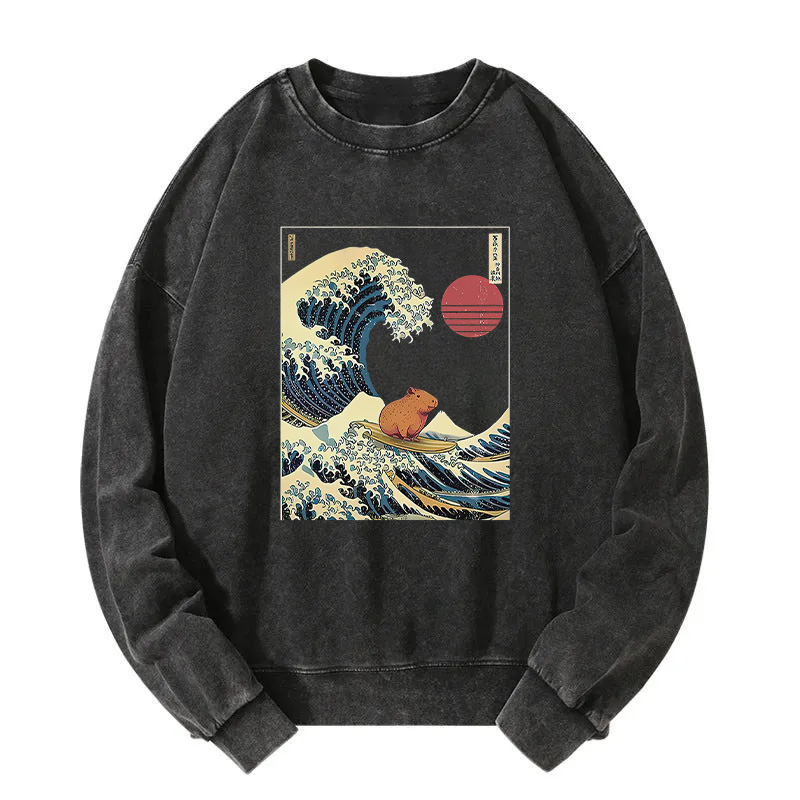 Capybara Surfing Washed Sweatshirt