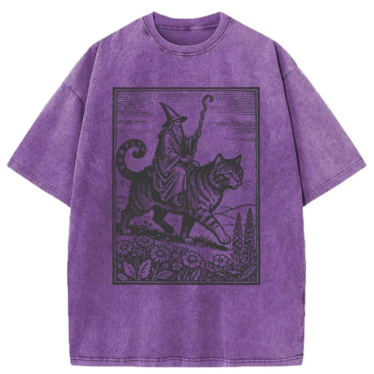 Tokyoviva Funny Wizard Cat Rider Washed T-shirt