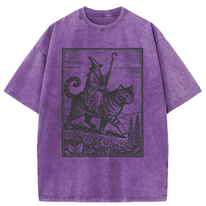Tokyoviva Funny Wizard Cat Rider Washed T-shirt