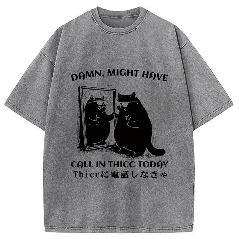 Black Cat Admiring Himself Washed T-Shirt